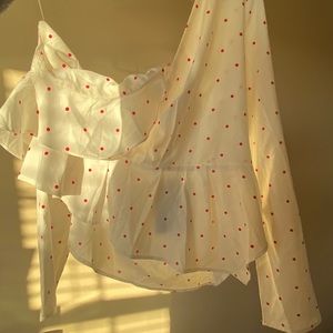White one shoulder polkadot blouse
